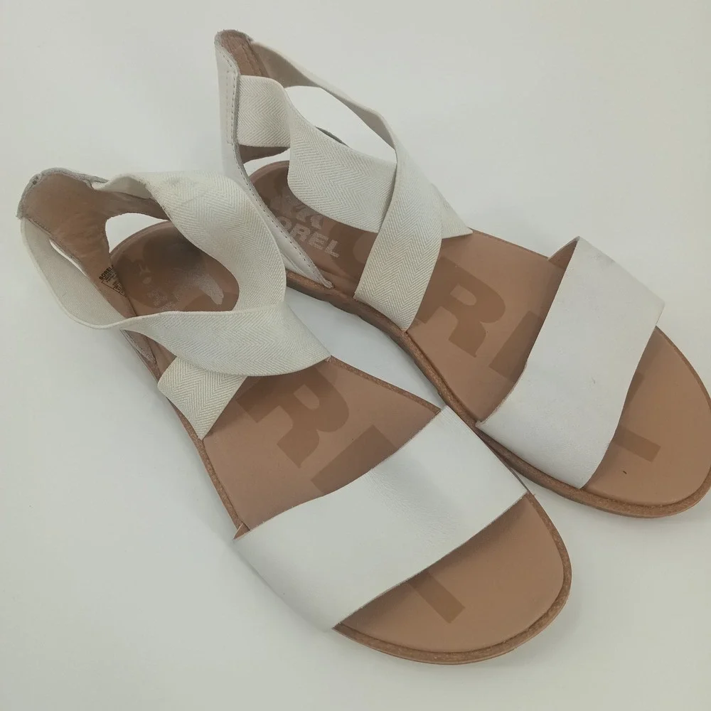 Sorel Ella II Sandal Sea Salt White Leather Elastic Straps NL4044-125 Womens 6.5